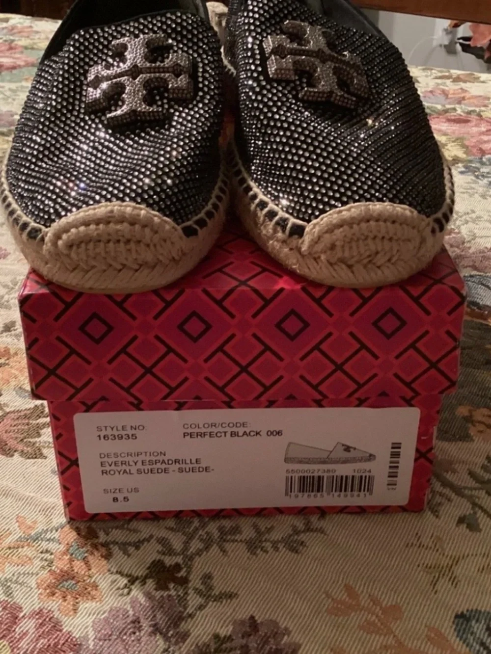 Tory Burch Crystal-Embellished Black Espadrille Size 8.5